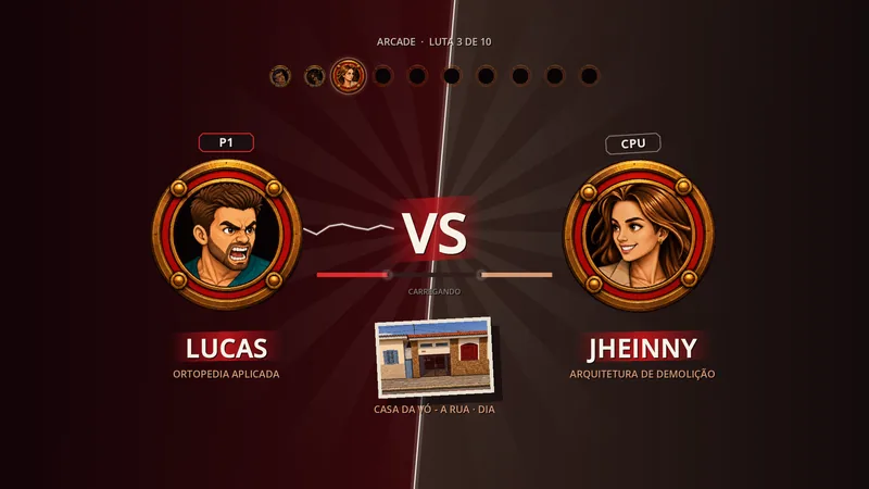A tela de carregamento: o Lucas e a Jheinny se encaram, com o VS no meio e a escada do arcade no alto