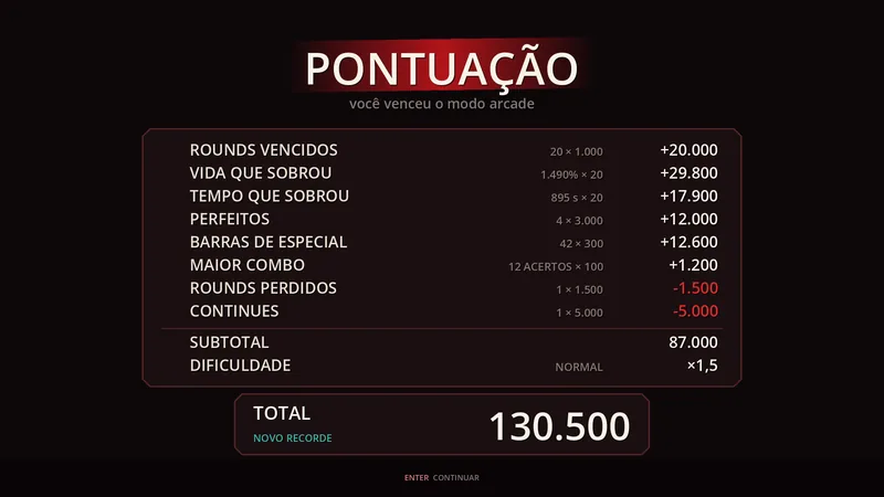 A tela de PONTUAÇÃO do arcade, linha a linha, com o total e o NOVO RECORDE